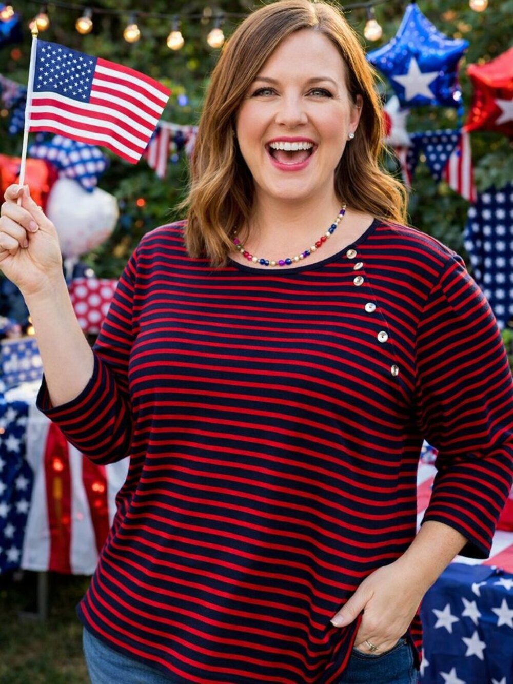 Chaps Red & Navy Striped Top – Size XL | Nautical Button Detail |Classic & Comfy